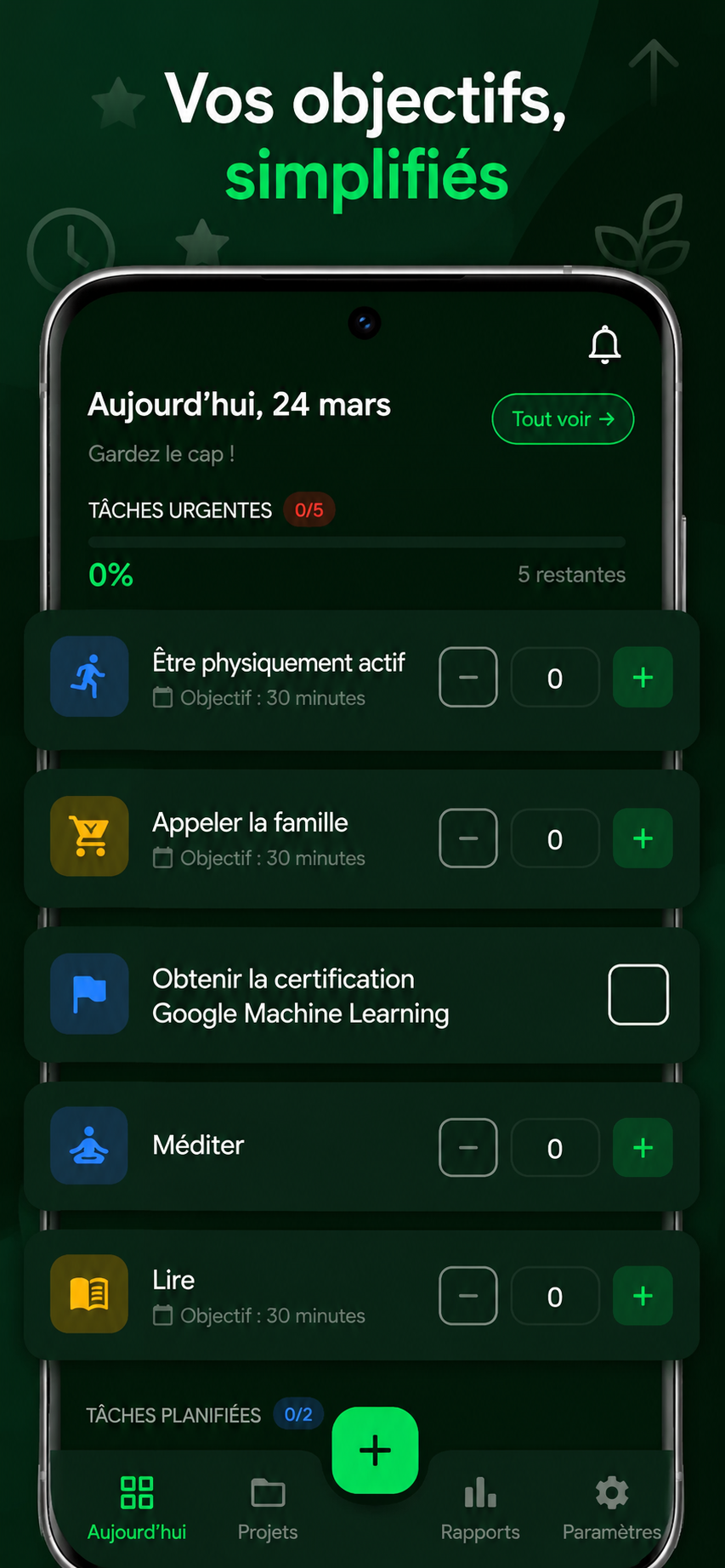 Vue mobile de l'application GoalFrame avec coaching par IA