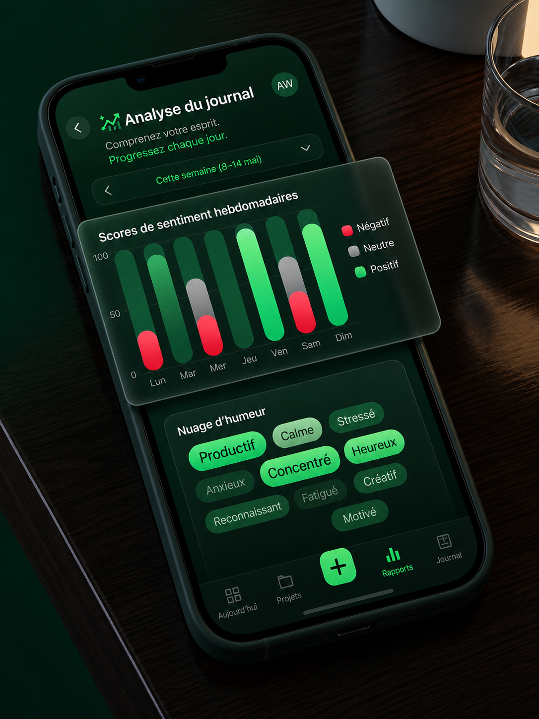 Analyse de sentiment et nuage d'humeurs du Journal IA GoalFrame